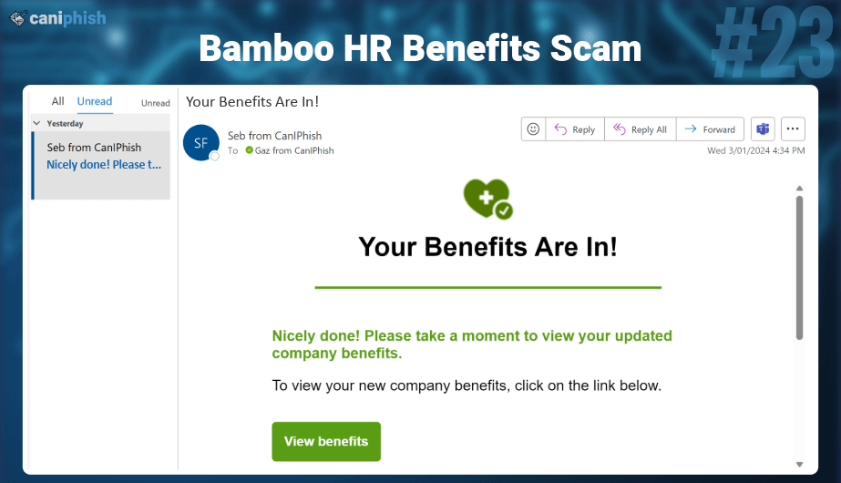 Example phishing email titled "Your Benefits Are In!" with a green View benefits button, from CanIPhish