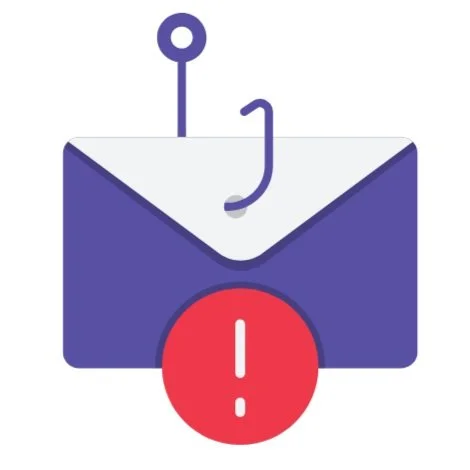 Illustration of an email envelope caught on a fishing hook with an alert symbol