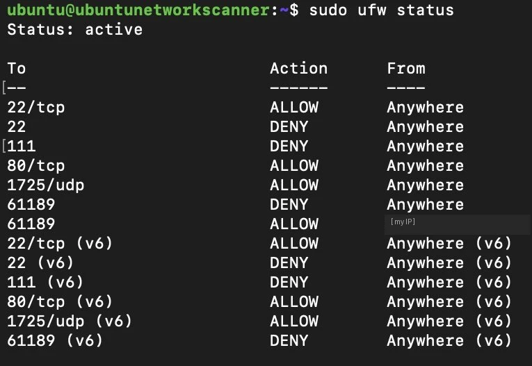 Terminal output of sudo ufw status showing allow and deny rules for ports 22, 111, 80, 1725 and 61189