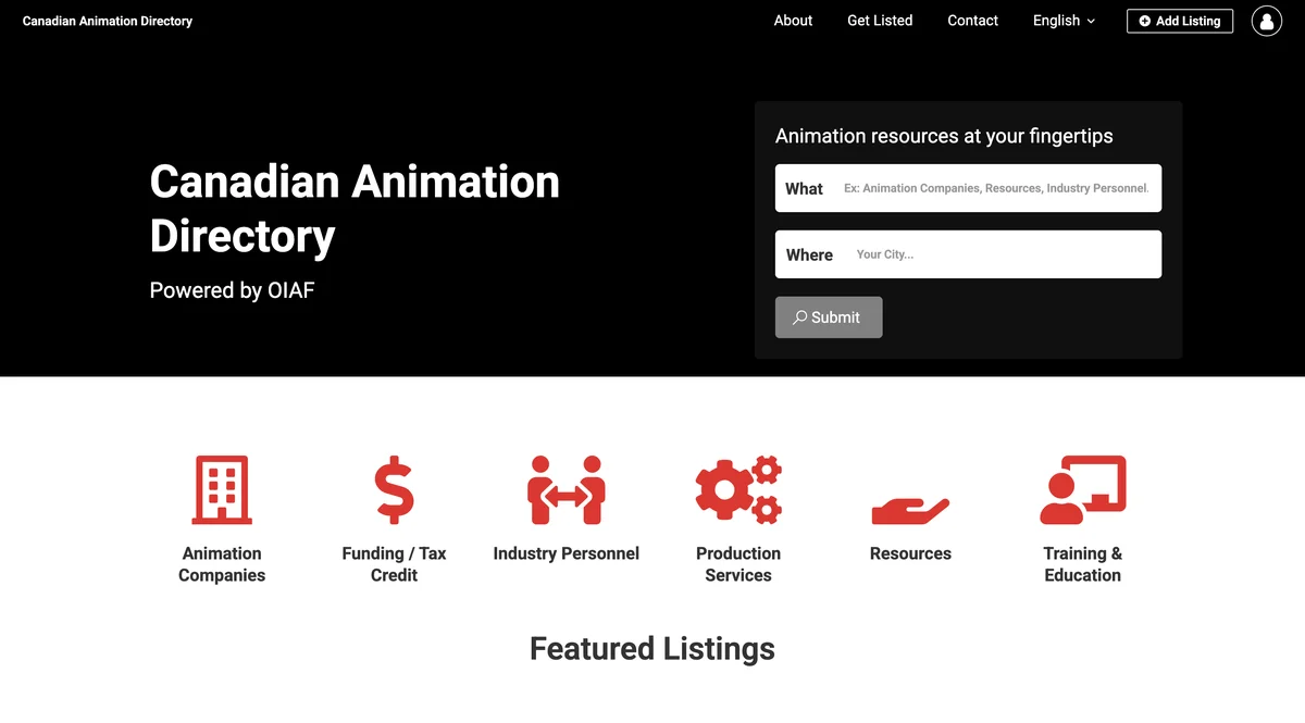 Canadian Animation Directory homepage: a black hero reading Canadian Animation Directory, Powered by OIAF, with a What and Where search box, above red category icons for Animation Companies, Funding / Tax Credit, Industry Personnel, Production Services, Resources, and Training & Education